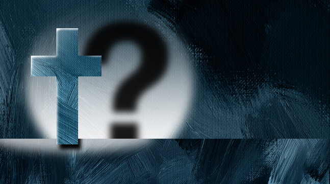 Christian cross with question mark cast shadow spotlight graphic background