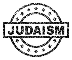JUDAISM stamp seal watermark with distress style. Designed with rectangle, circles and stars. Black vector rubber print of JUDAISM tag with dirty texture.