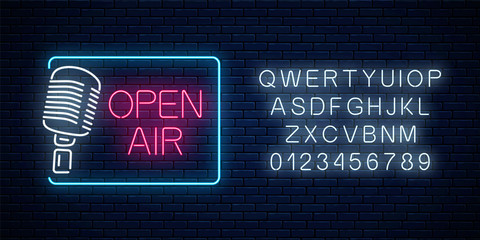 Neon open air signboard with microphone in restangle frame and alphabet. Open air with live speaking concert icon.