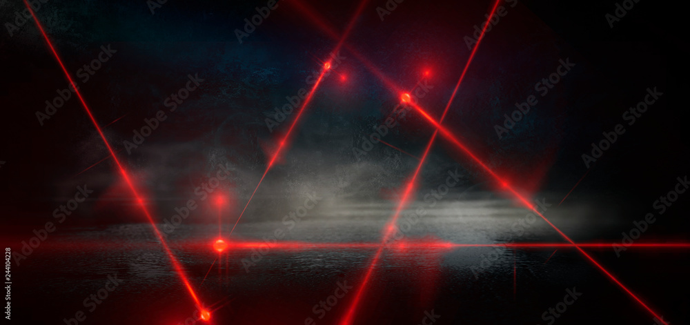 Wall mural dark room, street, tunnel, corridor, background with searchlight rays and a red laser beam, smoke, s