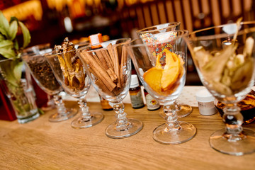 Glasses with different cocktail ingredients