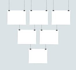 White posters hanging on binder. Grey wall with mock up empty paper blank. Vector illustration.