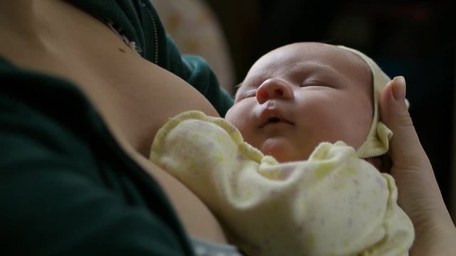 Newborn baby portrait lie on mother chest at home in hat