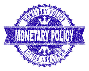 MONETARY POLICY rosette seal watermark with distress style. Designed with round rosette, ribbon and small crowns. Blue vector rubber watermark of MONETARY POLICY caption with dirty style.