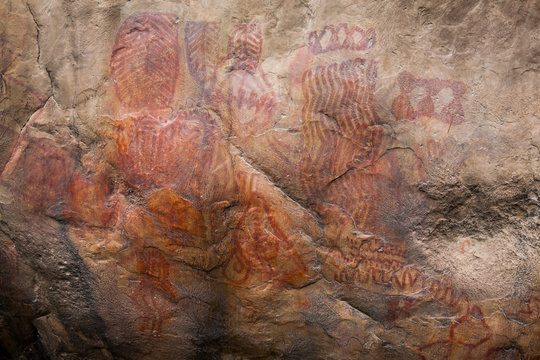 Prehistoric paintings on rock known as petroglyphs in the municipality of Facatativa in Colombia