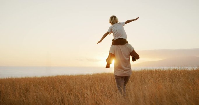 Adorable father and son playing airplane together, walking in golden field at sunset
