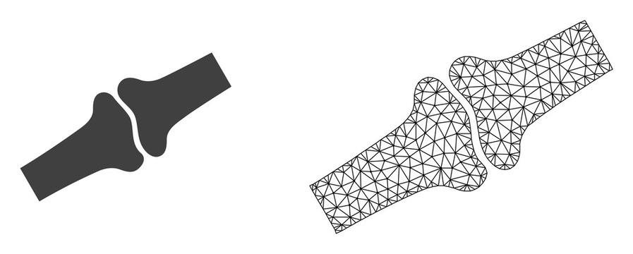 Polygonal Mesh Bone Joint And Flat Icon Are Isolated On A White Background. Abstract Black Mesh Lines, Triangles And Dots Forms Bone Joint Icon.