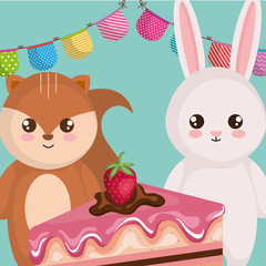 cute and little rabbit and chipmunk with cake