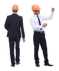 in full growth .successful architect engineer in orange helmet.