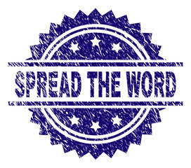 SPREAD THE WORD stamp seal watermark with distress style. Blue vector rubber print of SPREAD THE WORD text with grunge texture.
