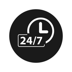 24/7 clock icon flat black round button vector illustration