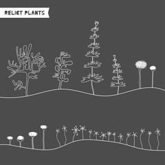 Set of hand drawn relict plants. Sketch Jurassic plants. Collection of fantasy doodle cartoon prehistoric trees