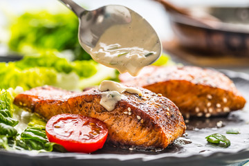 Delicious grilled roasted salmon fillets or steaks with mushroom sauce sesame tomatoes and lettuce salad