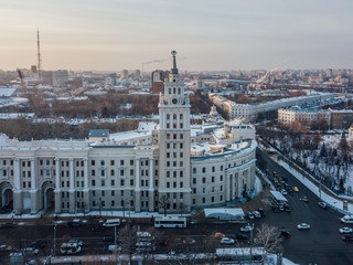 Evening winter Voronezh. South-East Railway Administration Building. Aerial view from drone