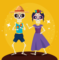 skeleton man with hat and catrina dancing to event