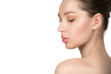 Fototapeta premium Beautiful young woman with clean perfect skin. Beauty portrait. Spa, skin care and wellness.
