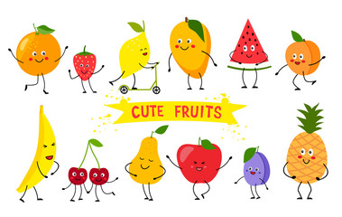 Set of cute kawaii fruit. Cartoon fruits character