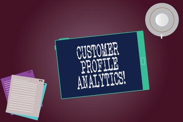 Word writing text Customer Profile Analytics. Business concept for Customer profile or target market analysis Tablet Empty Screen Cup Saucer and Filler Sheets on Blank Color Background
