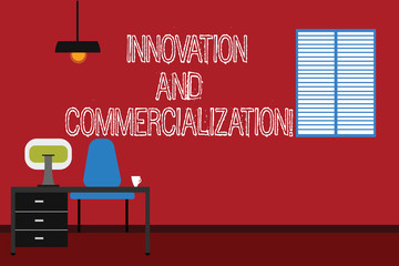 Conceptual hand writing showing Innovation And Commercialization. Business photo text Introducing a new product into commerce Minimalist Interior Computer and Study Area Inside a Room