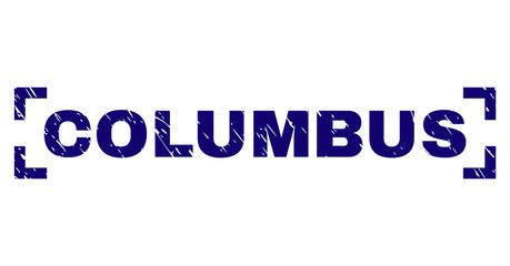 COLUMBUS label seal print with distress effect. Text label is placed inside corners. Blue vector rubber print of COLUMBUS with retro texture.