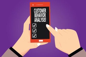 Text sign showing Customer Behavior Analysis. Conceptual photo buying behaviour of consumers who use goods Hu analysis Hands Holding Pointing Touching Smartphone Blank Color Screen