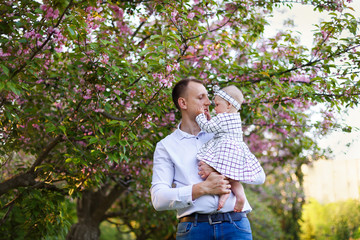 Portrait of young father and his adorable toddler daughter walking in blossoming cherry garden in beautiful spring day