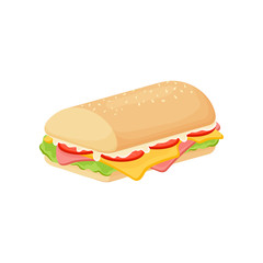Delicious juicy sandwich with vegetables, cheese, meat, bacon, tomatoes and a crispy crust.
