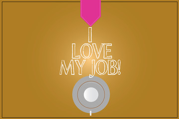 Text sign showing I Love My Job. Conceptual photo Having affection or passionate to the occupation chosen Coffee Cup Saucer Top View photo Reflection on Blank Color Snap Planner
