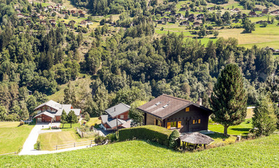 Wooden houses in the meadows of the Swiss Alps in the Saint Luc valley on a sunny day.
