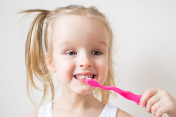 Happy Little Girl Brushing Her Teeth, Pink Toothbrush, Dental Hygiene, Morning Night Healthy...
