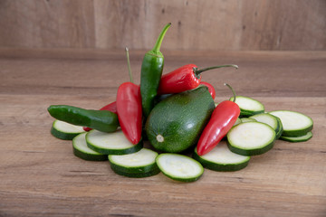 Fresh cutted zucchini and chili and jalapeno