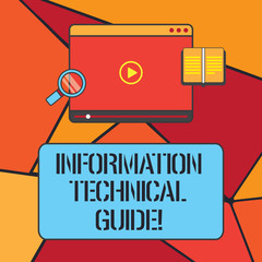 Conceptual hand writing showing Information Technical Guide. Business photo showcasing Document containing instructions of operation Tablet Video Player Upload and Magnifying Glass Text Space