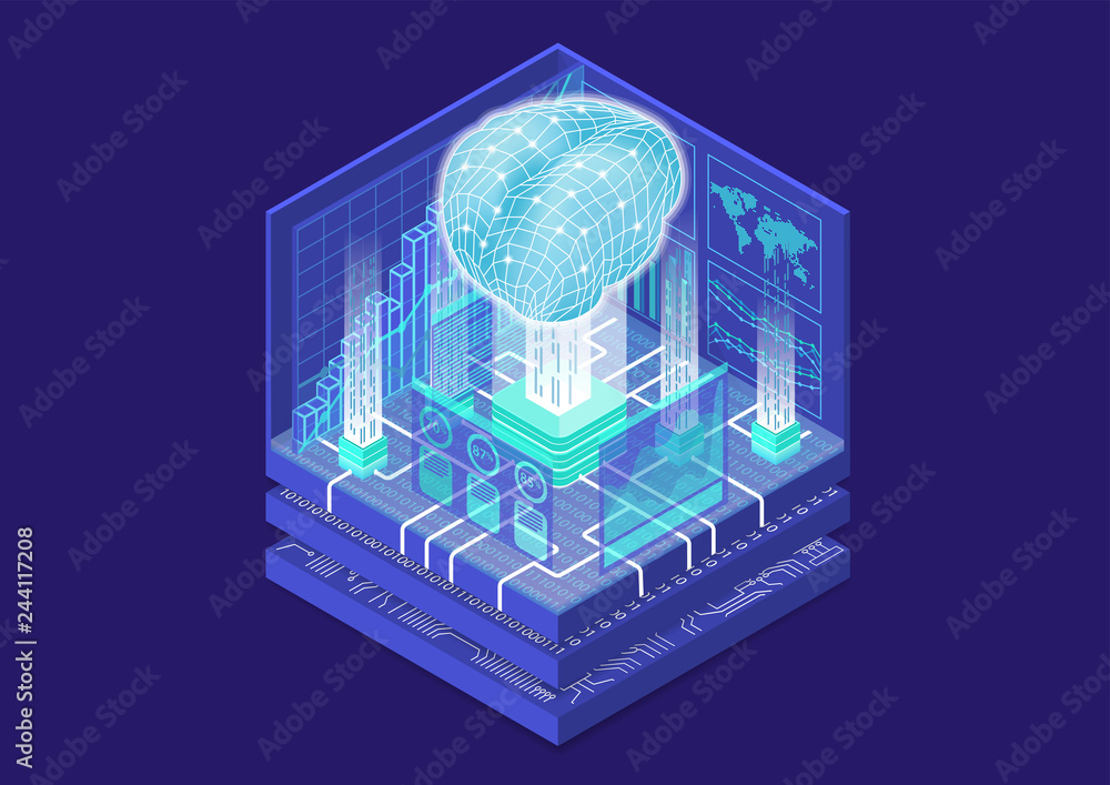 Poster artificial intelligence and internet of things concept with digital brain and as isometric vector il