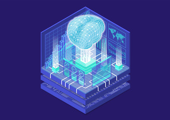 Artificial Intelligence and internet of things concept with digital brain and  as isometric vector illustration