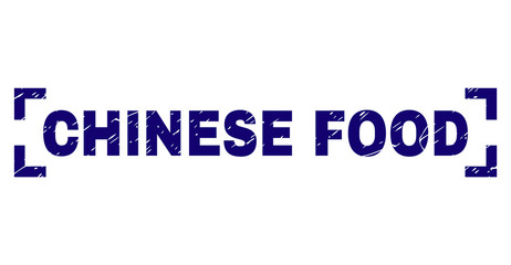 CHINESE FOOD text seal watermark with grunge effect. Text title is placed inside corners. Blue vector rubber print of CHINESE FOOD with grunge texture.