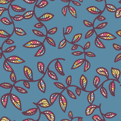 Vector seamless pattern on with leaves and branch. Abstract background with floral elements. Natural design. doodle blue background. Vector design illustration for textile, fabric, fashion. hand drawi