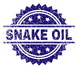 SNAKE OIL stamp seal watermark with distress style. Blue vector rubber print of SNAKE OIL text with dust texture.