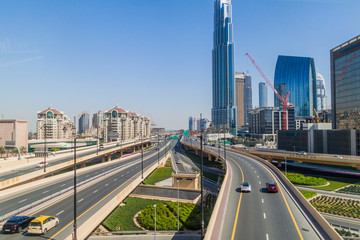DUBAI, UAE, MARCH 10, 2017: Intersection of Al Safa street and Sheikh Zayed road in Dubai, United Arab Emirates.
