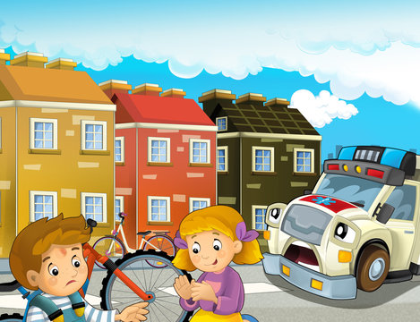 cartoon scene with kids after bicycle accident and ambulance coming to help - illustration for children