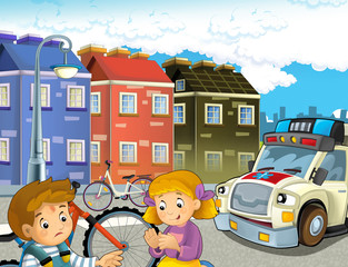 Fototapeta na wymiar cartoon scene with kids after bicycle accident and ambulance coming to help - illustration for children
