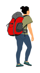 Passenger woman with luggage walking to airport vector illustration. Traveler girl with backpack go home. Lady carry baggage. Tourist with heavy cargo load waiting hiking on holiday. Refugee on border