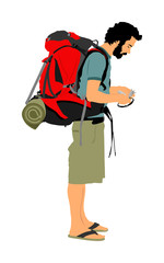 Passenger man with backpack  walking to airport vector illustration. Traveler boy with luggage go home, carry baggage. Tourist with heavy bag cargo load waiting taxi to holiday. Refugee migration.