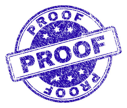 PROOF stamp seal watermark with grunge texture. Designed with rounded rectangles and circles. Blue vector rubber print of PROOF caption with dirty texture.