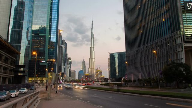 Dubai Traffic at sunset time-lapse UAE. zoom out