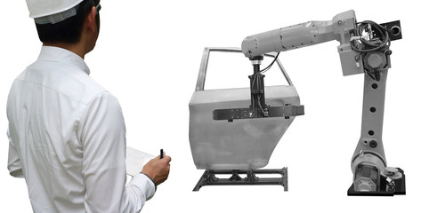 Man is working with automate wireless Robot arm in the automotive industry smart factory background