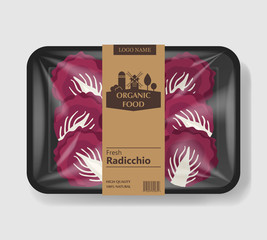 Radicchio salad leaves with plastic tray container with cellophane cover. Retro design. Mockup template for your salad design. Plastic food container. Vector illustration.