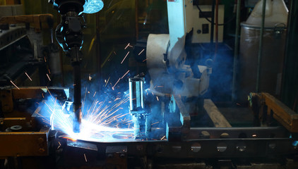Industry 4.0 ,  concept  of  Robot arm in smart factory background.