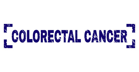 COLORECTAL CANCER text seal imprint with grunge texture. Text tag is placed between corners. Blue vector rubber print of COLORECTAL CANCER with corroded texture.