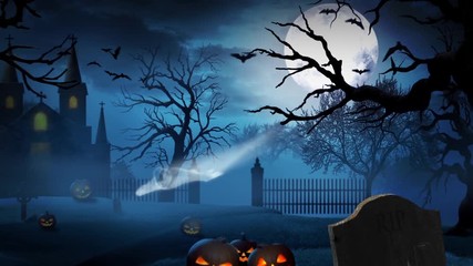 Ghostly Halloween Castle 4k Loop opens with bats flying and camera panning back to reveal a graveyard with a castle and pumpkins with flying ghosts - Powered by Adobe