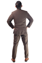 Rear View of of businessman Looking Up. Full Body Portrait Isolated on White